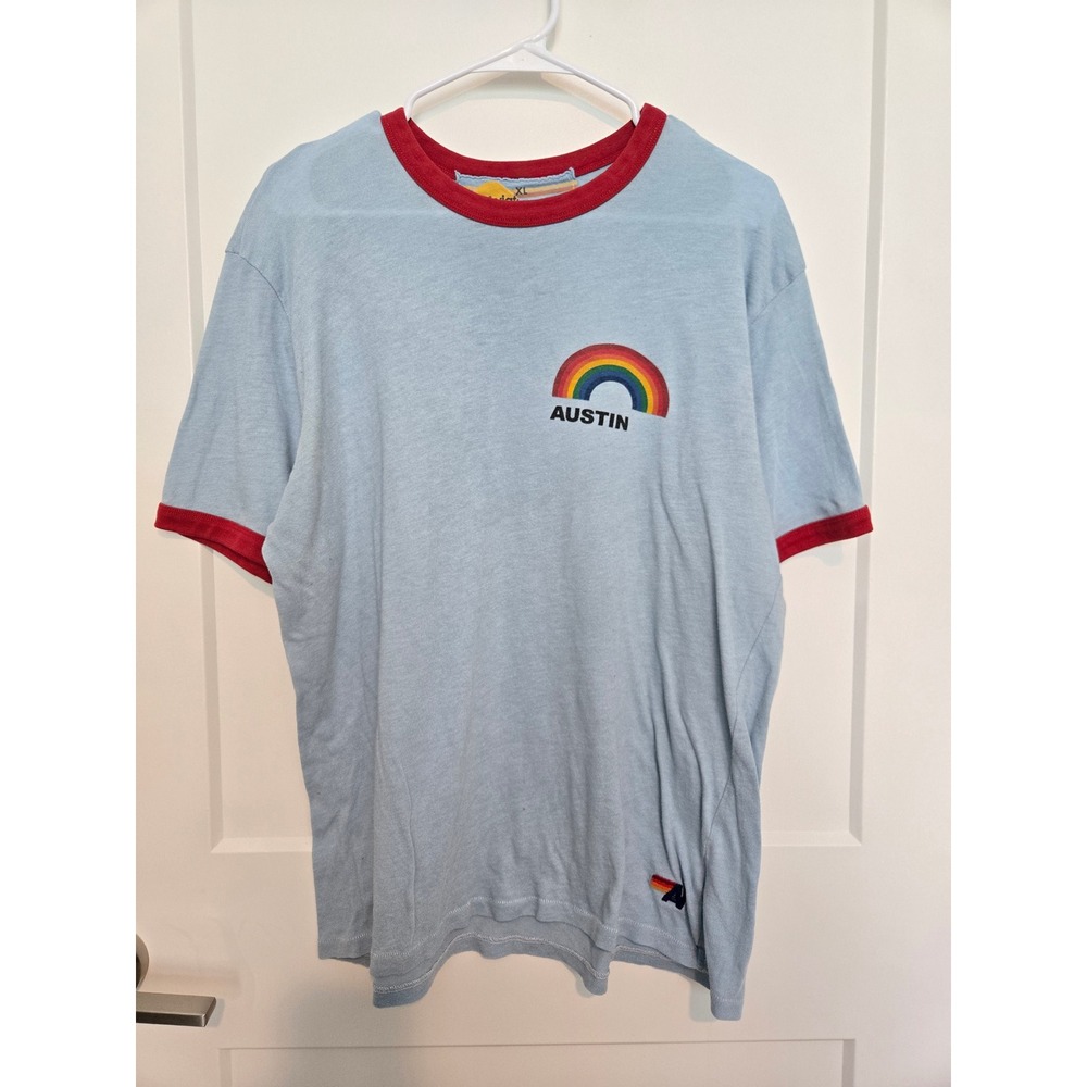 Aviator Nation Austin Rainbow Ringer T-Shirt Blue Red XL Made in USA